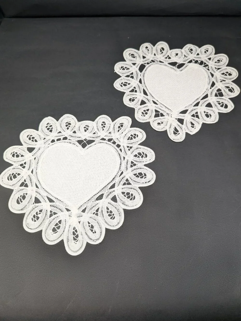 Set of 2 White Lace Heart Doilies Grid Center Cross Stitch Base 8x7 NWT
